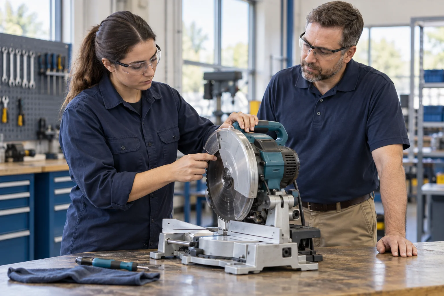 A learner demonstrating an equipment inspection while an instructor observes.
